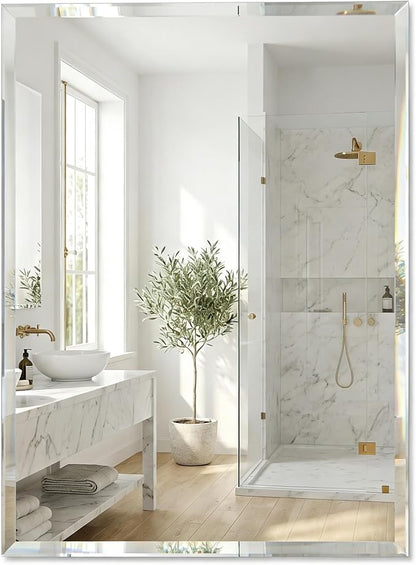 24"x36" Frameless Beveled Rectangular Bathroom Mirror for Over Sink | Broad coverage balances wider vanities and double-sink layouts, while polished edges keep the wall open, bright and refined