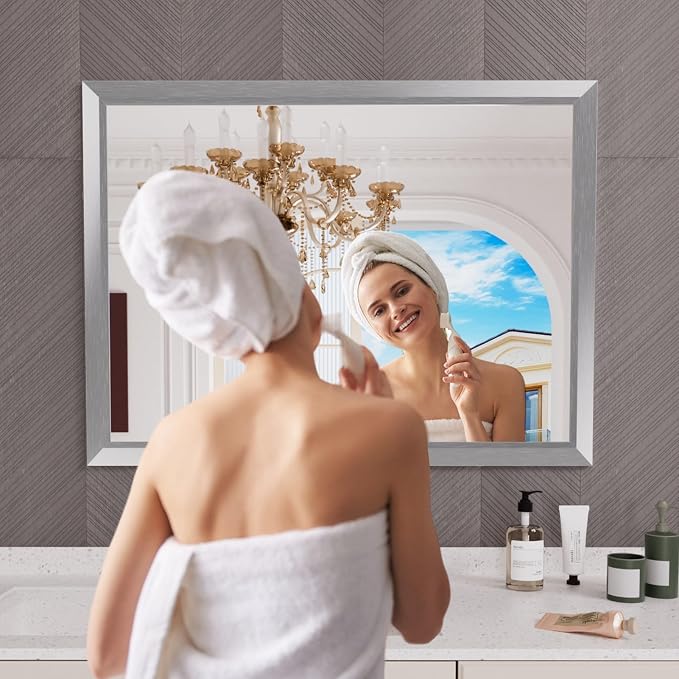 Bathroom Mirror for Wall, 48x36 Inch (Brushed Silver) | HD Reflection, Tempered Glass, Thick Metal Framed Rectangle Mirrors for Over Sink, Bedroom, Living Room, Entryway, Anti-Rust