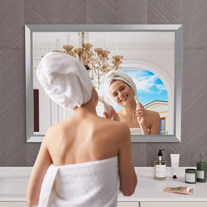 Bathroom Mirror for Wall, 48x36 Inch (Brushed Silver) | HD Reflection, Tempered Glass, Thick Metal Framed Rectangle Mirrors for Over Sink, Bedroom, Living Room, Entryway, Anti-Rust