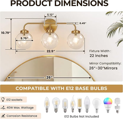 Modern Brushed Gold Vanity Lights for Bathroom, Mid Century 3 Light Bathroom Vanity Light with Globe Clear Glass Shade Over Mirror, Brass Wall Sconce for Bathroom Hallway Living Room Bedroom