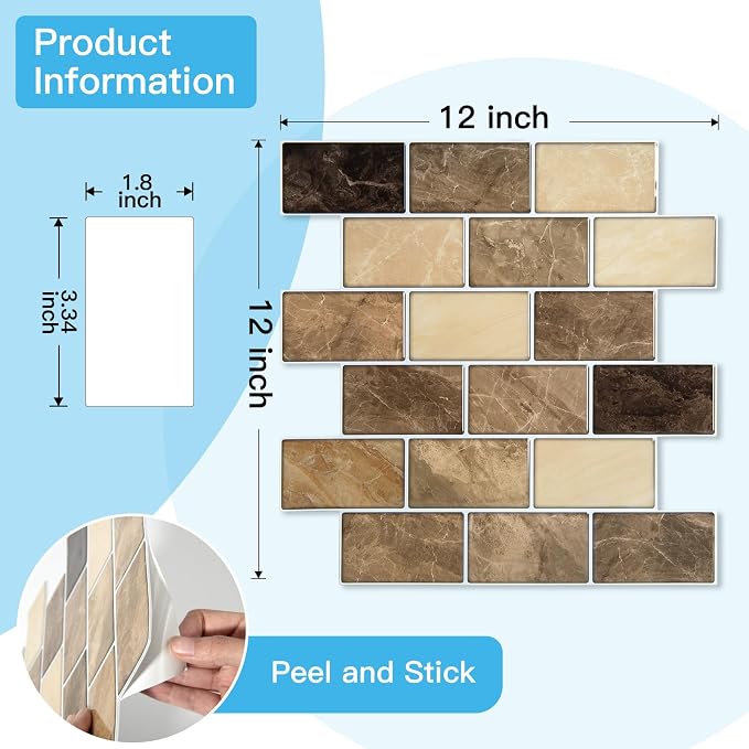Art3d 10-Pack Subway Peel and Stick Backsplash, Yellow Jasper, 12 x 12 Inch | Thickened Design, No Warping, Durable, Self-Adhesive, Sturdy, for Kitchen, Bedroom, Ideal for New Home Buyers, Future Movers