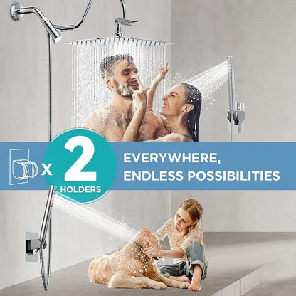 MakeFit All Metal Shower Head Combo with Handheld, 10" Square Rainfall Shower Head with Curved Extension Arm, Adjustable Dual Shower Heads with 71" Extra Long Hose, Chrome