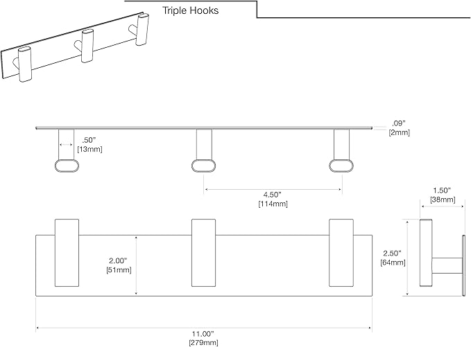 Gatco 1287 Elevate 3 Hook Triple Robe Hook, Wall Mounted Hook for Bathroom Towels & Robes, 11 Inch W, Chrome