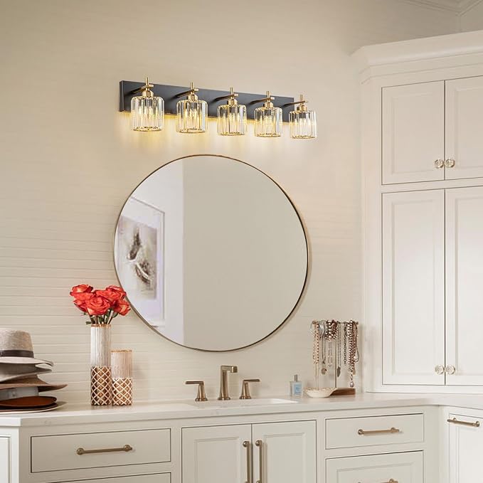 Modern Crystal Bathroom Vanity Lights, Black Gold 5-Lights Bathroom Light Fixtures Over Mirror, Crystal Wall Lighting with Polished Gold Finish(Exclude Bulb)