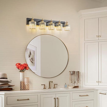 Modern Crystal Bathroom Vanity Lights, Black Gold 5-Lights Bathroom Light Fixtures Over Mirror, Crystal Wall Lighting with Polished Gold Finish(Exclude Bulb)