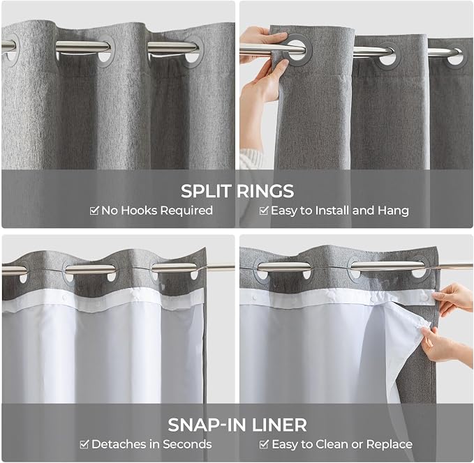 River Dream Linen Textured No Hooks Shower Curtain with Liner,Grey,71x74 | with Snap-in Liner,Heavy Duty Fabric,Quick Dry,Bottom Magnets,Water-Repellent,Washable,Farmhouse Bathroom Set
