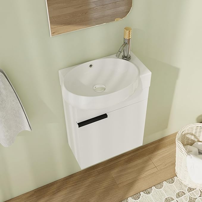 16" Bathroom Vanity with Sink, 16 Inch Floating Bathroom Vanity for Small Space, Modern Bathroom Vanity, White Wall Mounted Cabinet Set (029, GWH.16''W x 12''D)