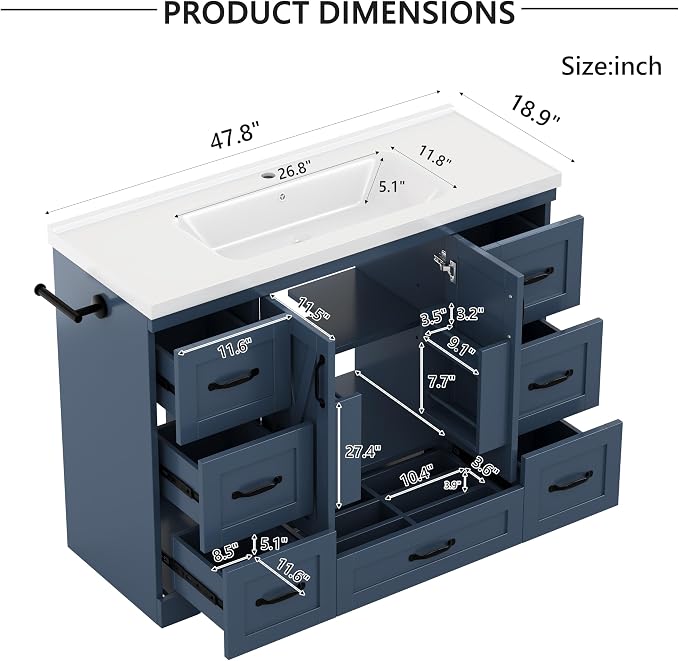48" Bathroom Vanity with Sink, Freestanding Bathroom Cabinet | Ceramic Top & Backsplash, 7 Storage Drawers, X-Shaped Doors, Adjustable Shelving, Door Storage and Towel Bar, Navy Blue