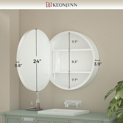 Keonjinn Round LED Medicine Cabinet 24 Inch, White Lighted Medicine Cabinet for Bathroom with Mirror, Circle, Electrical Outlet, 3 Color Lights, Anti-Fog, Dimmable, Surface Mount Only