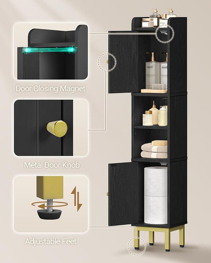 Hzuaneri Slim Bathroom Storage Cabinet, Narrow Bathroom Organizers,2 Doors | Narrow Bathroom Storage with 4 Adjustable Feet, Laundry Room Organization for Small Space,Kitchen,Rattan Black BC22404Y