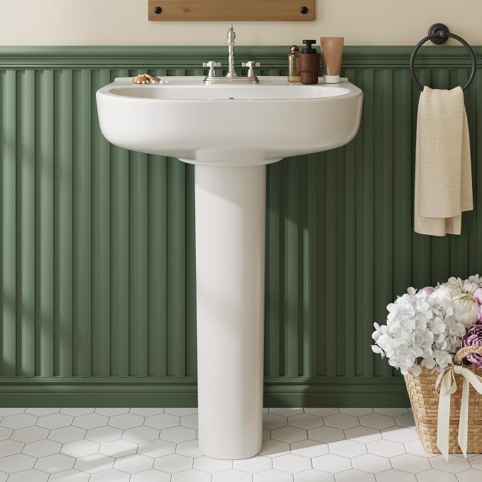 Pedestal Sink - Single Hole Rectangular Ceramic Pedestal Sink for Bathroom, White Freestanding Sink with Overflow and Backsplash, Easy Installation