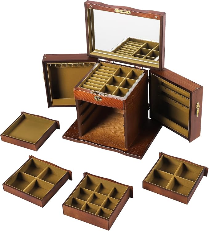 Wood Jewelry Box with 4 Drawers, Desktop Jewelry Organizer with Built-in Mirror & Combo Lock, Large Jewelry Storage Display Case for Necklace Ring Bracelet Watch, Brown