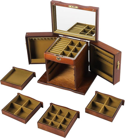 Large Wooden Jewelry Box with Mirror and Lock, 5 Layers Locking Jewelry Organizer, Watches Necklace Ring Storage Box for Women