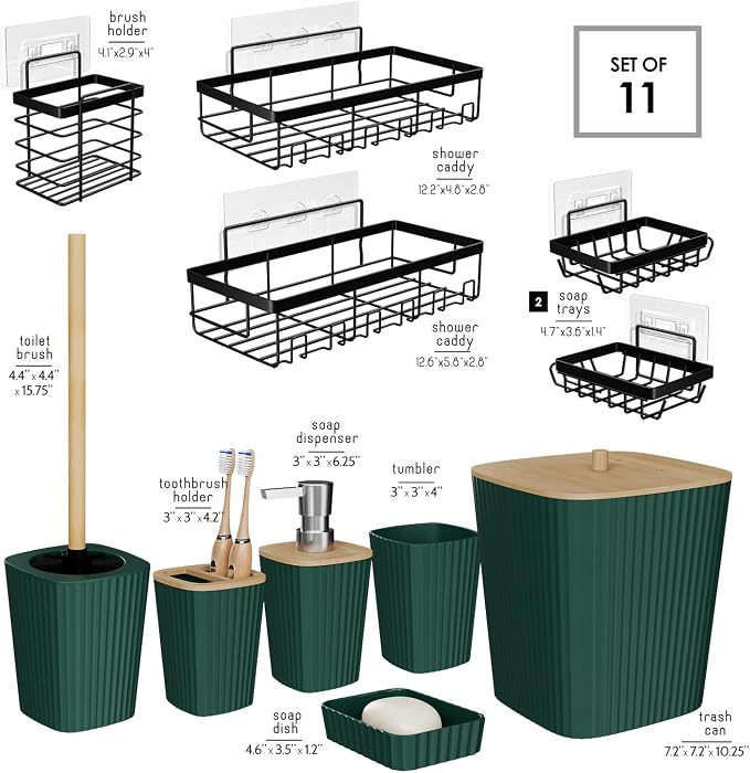Clara Clark Bathroom Set - Hunter Green Bathroom Accessories Set, 6PC Bathroom Accessory Set, Bathroom Sets with Adhesive Corner Shower Caddy Hanging, Toilet Brush, Trash Can & Soap Dispenser