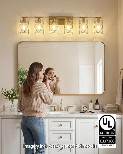 6-Light Brushed Gold Bathroom Light Fixtures Over Mirror, 42" UL-Listed Modern Wall Sconce Lights with Clear Glass and Metal Cage for Bath, Hardwire E26, CH9176BG-6W