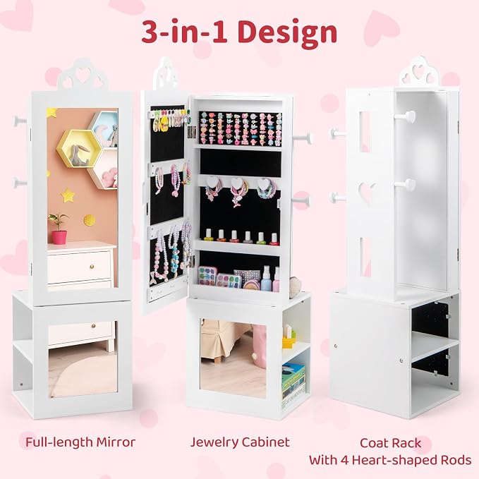 CHARMAID Kids Jewelry Cabinet Armoire, 47" Full Length Mirror, Coat Rack, Back Storage Shelves, Standing Vanity Dressing Mirror for Girls, Kids Jewelry Organizer (White)