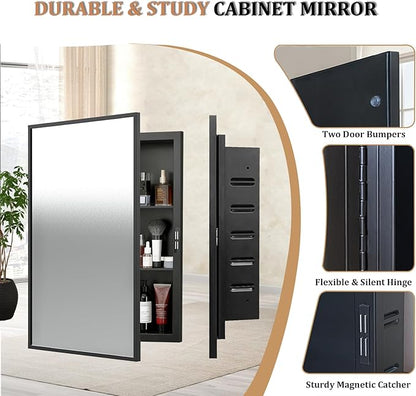 Recessed Medicine Cabinet with Mirror 20x26 inch, Mirrored Medicine Cabinets for Bathroom, Black Bathroom Mirror with Storage, Metal Medicine Cabinet with Mirror, 2 Adjustable Metal Shelves