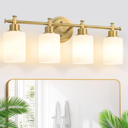 23'' 4-Light Bathroom Vanity Light, Brushed Gold Vanity Light Fixture | Modern Gold Wall Sconce with White Glass Shade, Anti-Rust Vanity Light for Bathroom over Mirror/Sink (E26, Bulb Not Include)