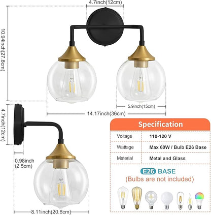 Black and Gold Bathroom Vanity Light with Clear Glass Shade, E26 Base, 2-Light Bathroom Light Fixtures Over Mirror, 14 Inch Vanity Lights for Bathroom (Exclude E26 Bulb)
