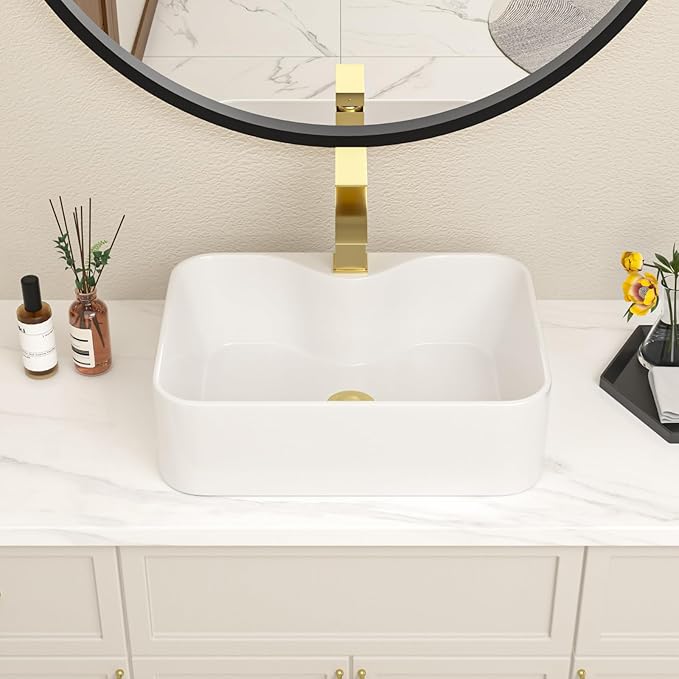 Bathroom Vessel Sink 19" x 15" Rectangle With Gold Faucet And Gold Drain Combo Bowl Sink Bathroom Countertop Rectangular White Farmhouse Lavatory Vanity Sink Basin