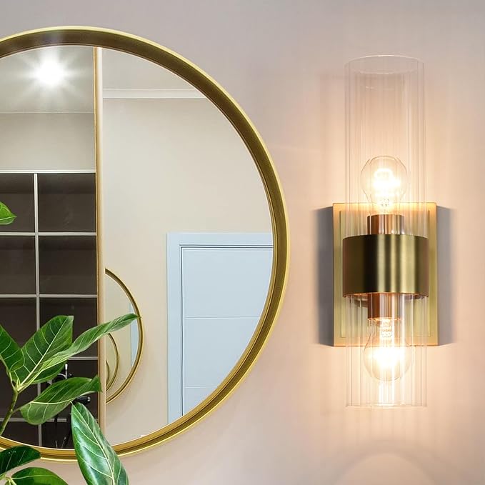 Gold Modern Bathroom Sconces Wall Lighting with Clear Ribbed Glass, Aged Brass 2-Light Bathroom Vanity Light Fixtures for Mirror Living Room Hallway Bedroom