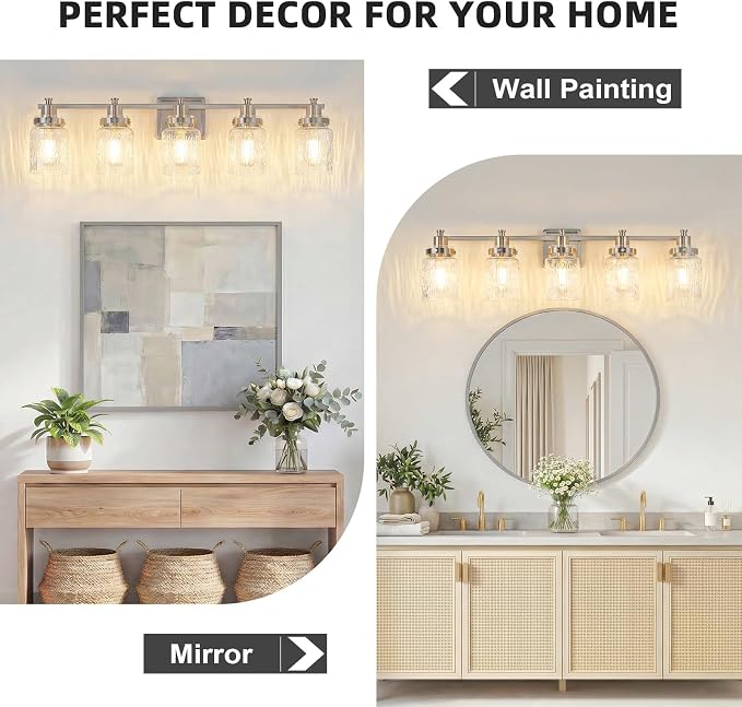 5 Light Bathroom Vanity Light Fixtures Modern Brushed Nickel | ETL Certificate, Easy to Install,Wall Mount Up or Down,Hammered Glass Lampshade,E26 Socket,Hardwired,120V