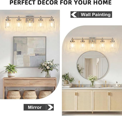 5 Light Bathroom Vanity Light Fixtures Modern Brushed Nickel | ETL Certificate, Easy to Install,Wall Mount Up or Down,Hammered Glass Lampshade,E26 Socket,Hardwired,120V