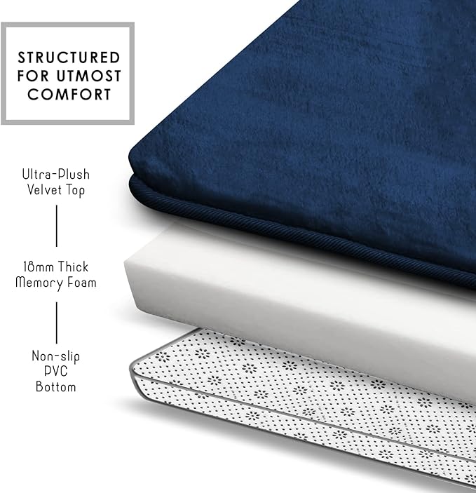 Clara Clark 3 Piece Bathroom Rugs Bath Mat Set, Velvet Memory Foam Bath Mats for Bathroom - Non-Slip, PVC Backing Bath Rugs, Washable - Dries Quickly, Blue