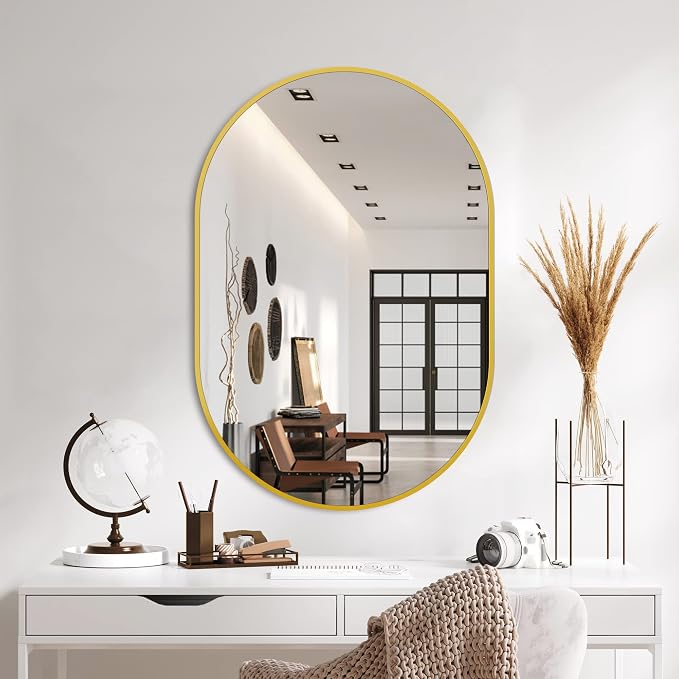 36x24 Gold Oval Bathroom Mirror for Over Sink, Aluminum Frame | HD Reflection No Distortion, Aluminum Frame, Mounting Hardware for Vertical or Horizontal Mount