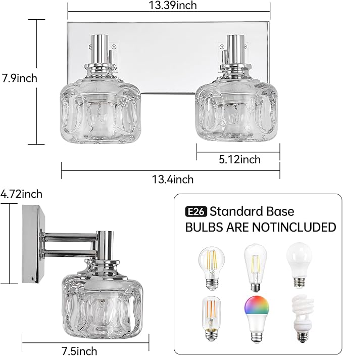Chrome Vanity Light 2 Lights Vanity Lights for Bathroom Light Fixtures(13.3inches in Length)