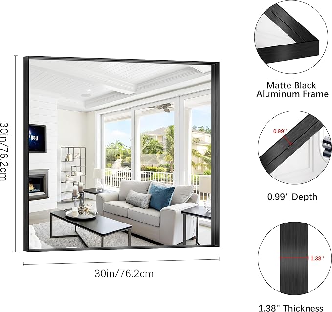 Black Bathroom Mirror, 30x30 Inch Rectangular Framed Mirror, Large Wall Mounted Bathroom Vanity Mirror Over Sink for Bedroom,Restroom, Living Room, Hangs Vertically or Horizontally