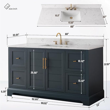 HOMEBEYOND 60 Inch Bathroom Vanity with Single Sink & Ceramic Top, Vanity Cabinet with Center Countertop Basin, Soft-Closing Doors, Backsplash, Vintage Spruce Blue
