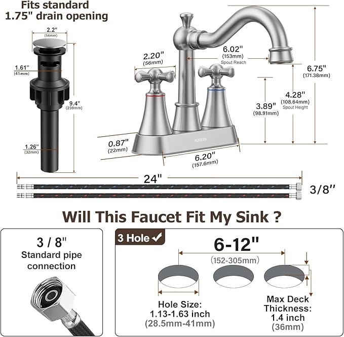 Hurran 4-inch Centerset Brushed Nickel Classical Bathroom Faucet, 2 Handles for 2 or 3 Hole Sink with 360° Swivel Spout, Pop Up Drain Assembly and Supply Hose for Vanity Sink Lavatory Faucet