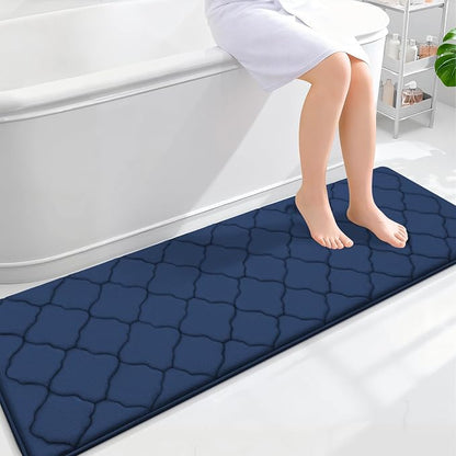 OLANLY Memory Foam Bath Mat Rug 59x20, Ultra Soft and Absorbent Bathroom Rugs, Non-Slip, Comfortable, Machine Washable Bath Carpet for Bathroom Floor, Tub, Shower and Home Decor Accessories, Navy