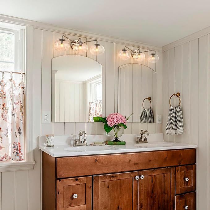 Lingkai 3 Light Bathroom Light Fixtures,Brushed Nickel Modern Vanity Lights with Clear Striped Glass Shades,Bathroom Vanity Lighting Over Mirror for Living Room Dinning Room Bedroom