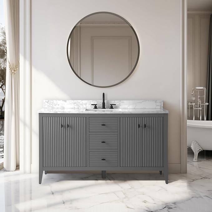 Vanity Art 60 inch Bathroom Vanity with Single Sink & Ceramic Top, Vanity Cabinet with Soft-Closing Door, Solid Wood Frame, Linear Pattern, Cashmere Gray, VA9160-SG-MB,Matte Black Handles