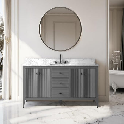 Vanity Art 60 inch Bathroom Vanity with Single Sink & Ceramic Top, Vanity Cabinet with Soft-Closing Door, Solid Wood Frame, Linear Pattern, Cashmere Gray, VA9160-SG-MB,Matte Black Handles
