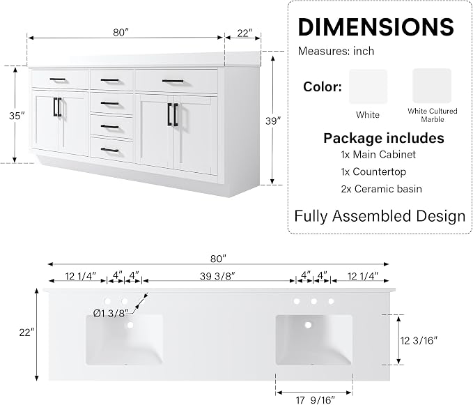 80-Inch Bathroom Vanity with Double Sinks W/ 4 Doors & 4 Drawers & 2 Flip Drawers, White Vanity W/Matte Black Handles