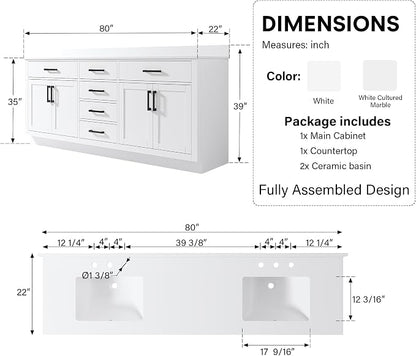 80-Inch Bathroom Vanity with Double Sinks W/ 4 Doors & 4 Drawers & 2 Flip Drawers, White Vanity W/Matte Black Handles