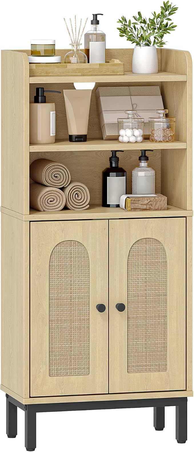 Hzuaneri Bathroom Storage Cabinet, Small Floor Cabinet with 2 Door | Toilet Paper Cabinets, Bathroom Organizer with Adjustable Shelf,for Small Spaces,Rattan Yellow,Arch Door,7.1" Dx14.6 Wx32.7 H