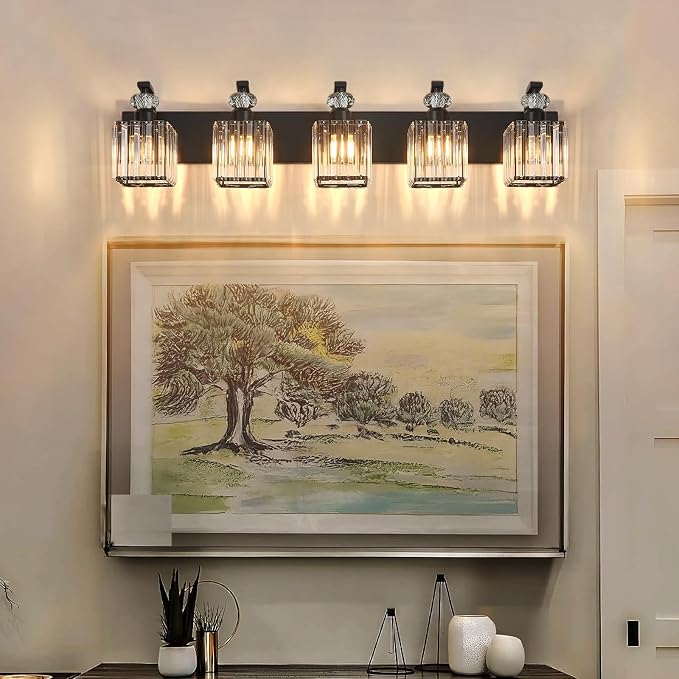 Modern Bathroom Vanity Light, 5-Light Black Bathroom Lighting Fixtures Over Mirror, 36.3" Crystal Wall Light Sconce for Bathroom/Bedroom/Vanity, Includes LED Bulbs, Easy Installation