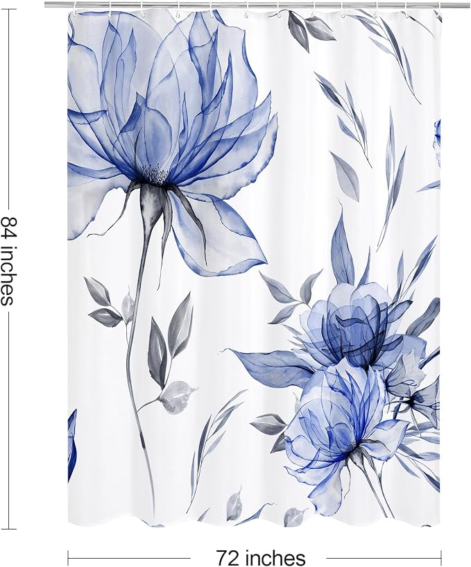 Dark Blue Boho Floral Shower Curtain, Watercolor Botanical Design, 72 x 84 | Boho Floral Design, Watercolor Ink Painting Style, Botanical Flowers & Leaves, Elegant Bathroom Accent, Fabric Cloth Curtain