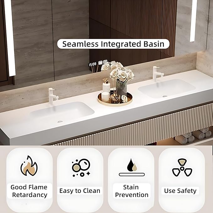 64in Modern Floating Bathroom Vanity with Double Sinks, Intelligent Defogging and Led Light, Wood Bathroom Vanities, Wall-Mounted Storage Cabinet
