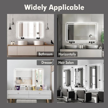 LED Bathroom Wall Mirror 60 x 36 Inch, Frameless Vanity Mirror with Front Light & Ambient Backlight, Single Front LED Strip with 150mm Suction 3X Mirror, Dimmable & Adjustable Color Tempera