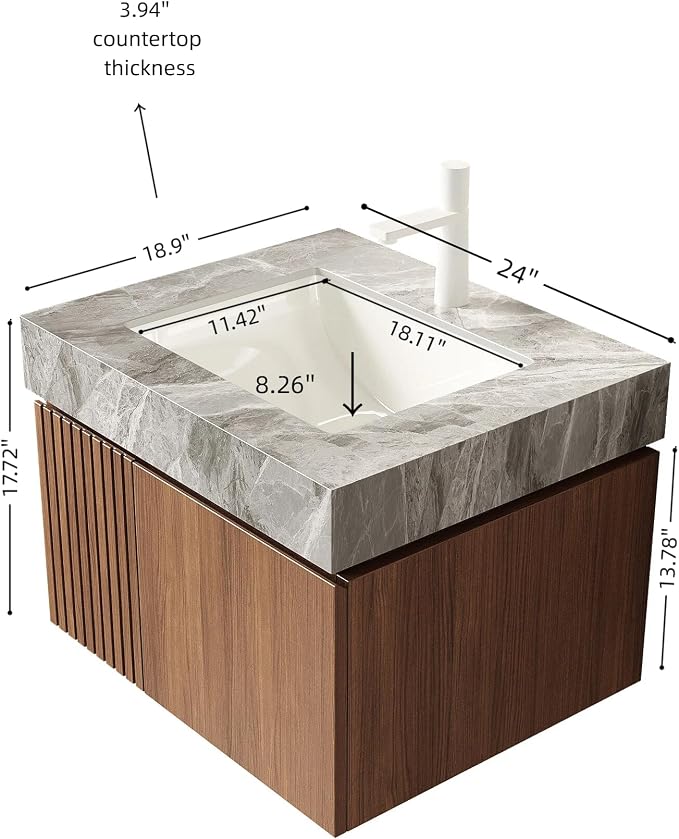 KEIKI 24 Inch Floating Bathroom Vanity with Sink, Brown Oak & Grey | Modern Wall Mounted Storage Cabinet with 2 Doors, Pre-assembled Wood Panels, Sintered Stone Top & Ceramic Basin Combo Set