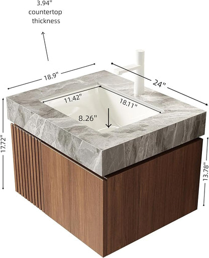 KEIKI 24 Inch Floating Bathroom Vanity with Sink, Brown Oak & Grey | Modern Wall Mounted Storage Cabinet with 2 Doors, Pre-assembled Wood Panels, Sintered Stone Top & Ceramic Basin Combo Set