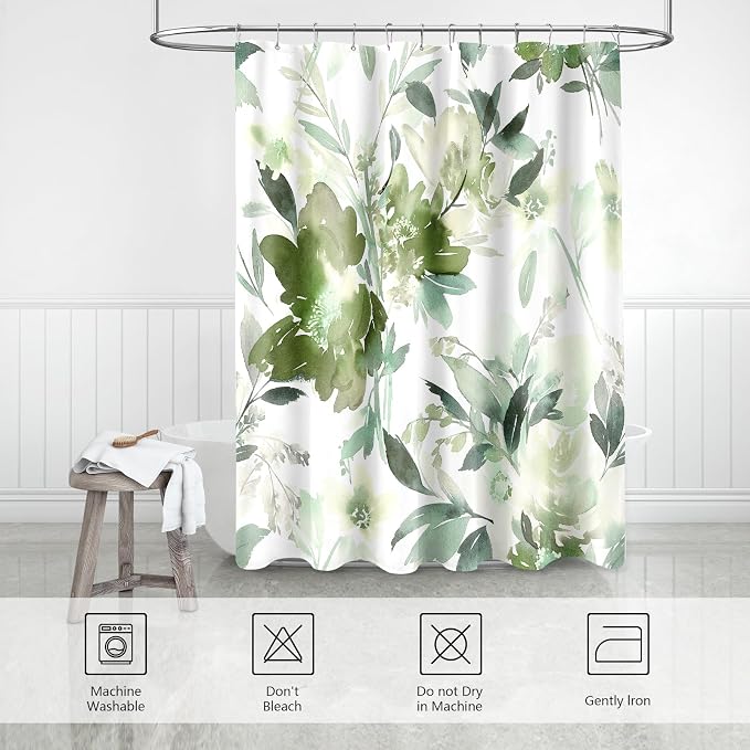 Extra Long Shower Curtain 72 x 84 Inch, Tall Olive Green Floral Decor | Watercolor Floral Modern Abstract Flower Bathroom Fabric Shower Curtain Set with Hooks
