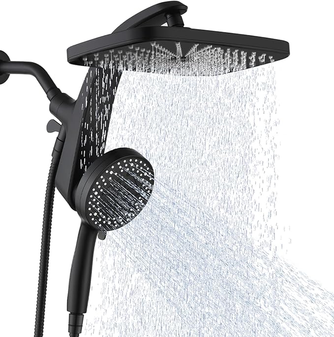 12" High Pressue Rain Shower Head with Handheld, 9 Sprays Hand Showerhead | Shower Heads with Handheld Spray Combo, Dual Head, Built-in Magnetic Docking, Power Jets, 59" Shower Hose, Black 1.75GPM