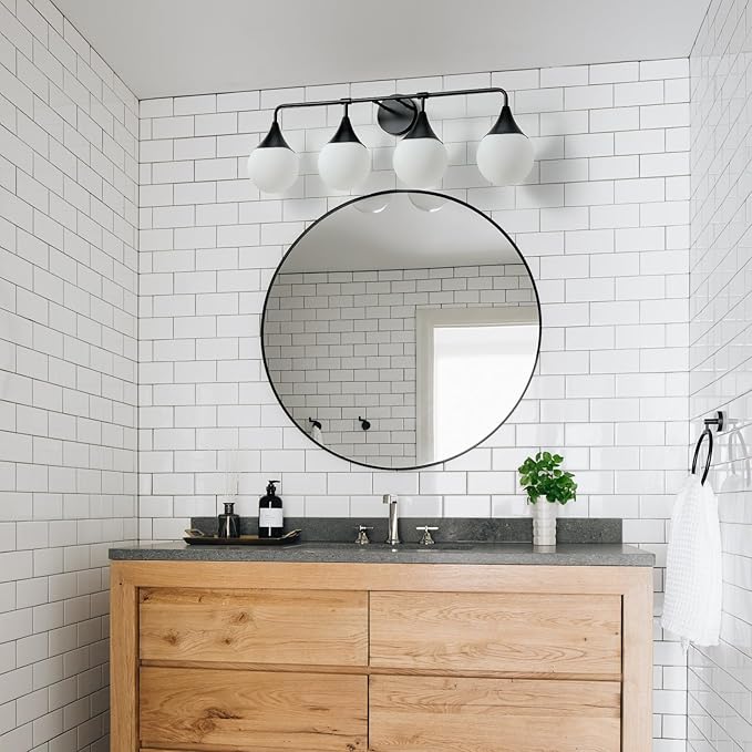 Bathroom Vanity Light Fixtures: 4-Light Mid Century Modern Bathroom Lighting Fixtures Over Mirrors - Matte Black Wall Sconce with Milky Glass Ball Shade for Bath Bedroom