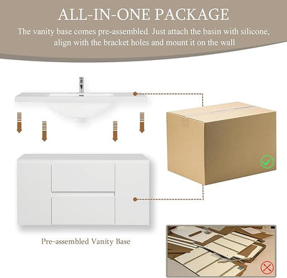 Floating Bathroom Vanity with Sink, 48" Wall-Mounted Bathroom Storage Vanity Cabinet with Resin Top Basin and Soft Close Drawers, No Assembly Required, Glossy White